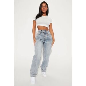 Fashionnova Petite Crossover Asymmetrical Straight Leg Jeans - Lightwash